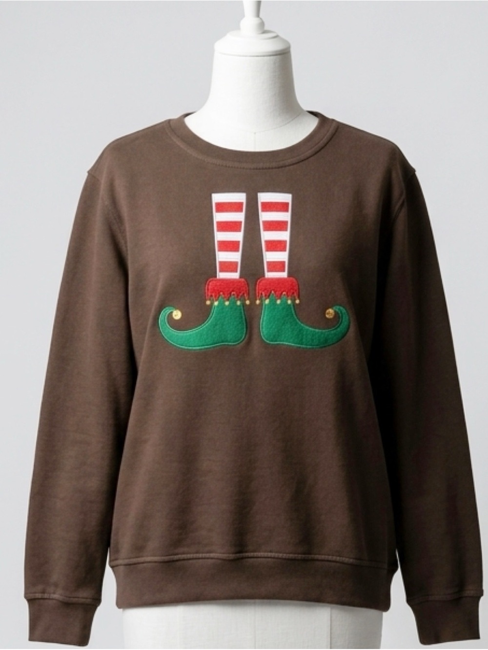 Rebecca Malone Christmas Elf Feet Brown Sweatshirt Large Ugly Holiday Sweater